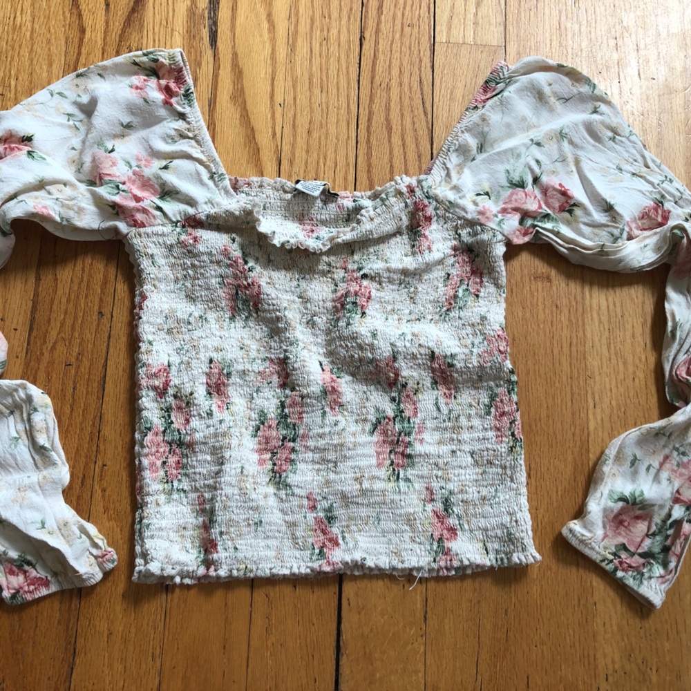 American eagle floral blouse off shoulder tube top bodice flowy sleeves